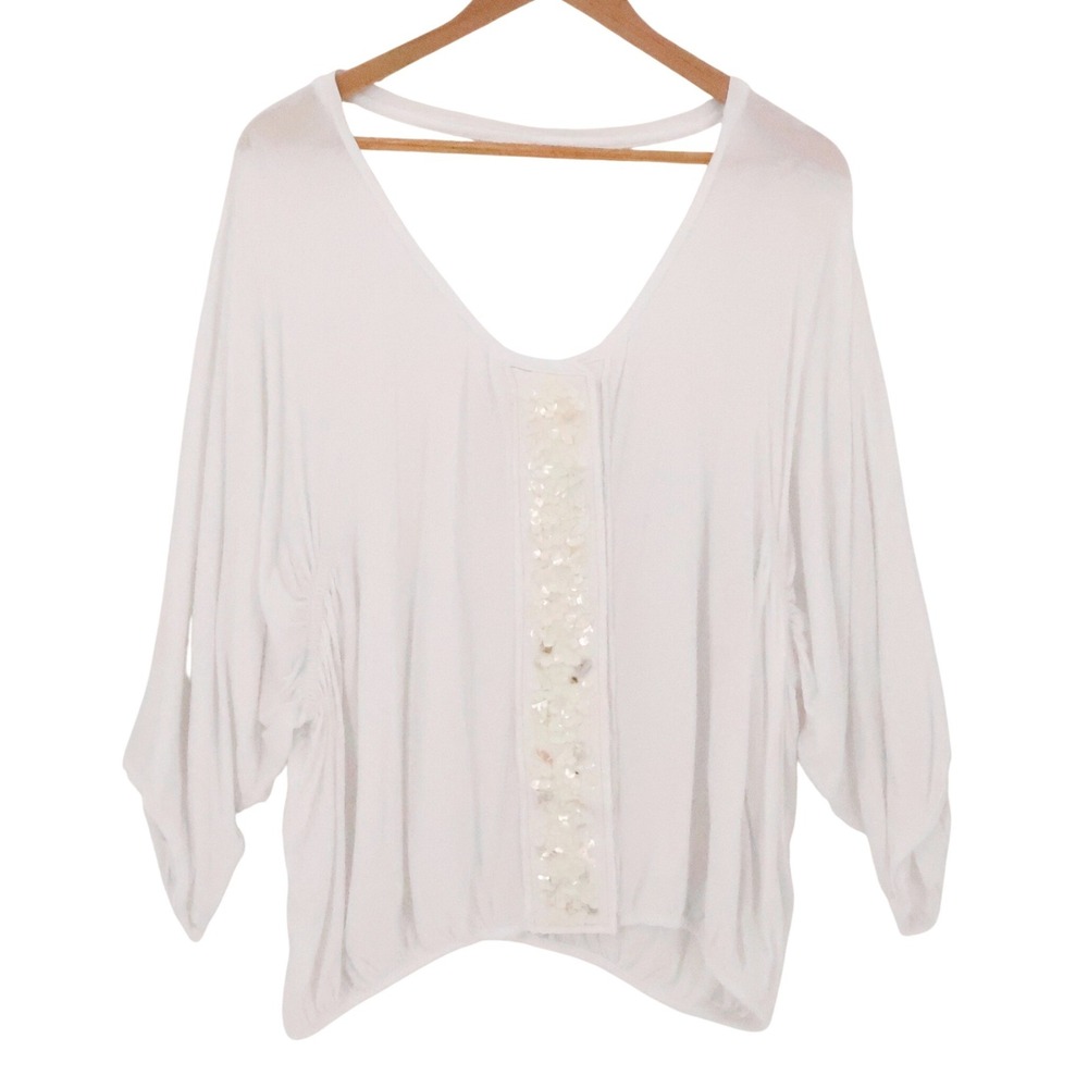 TINY Anthropologie Sequin Shell Bead Top Womens Size S White Boho Beachy Summer